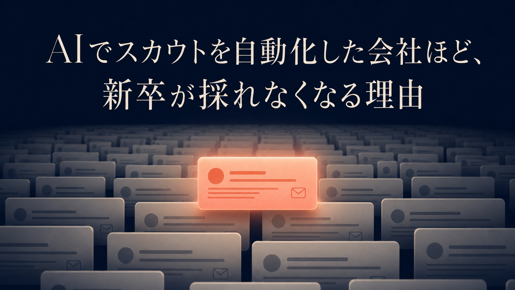 AIで自動化した大量のスカウトが埋もれる中、人が一人の学生に合わせて工夫した一通だけが際立つ様子を表したイメージ。新卒採用でAIに丸投げすると採れなくなる本記事の主張を示す