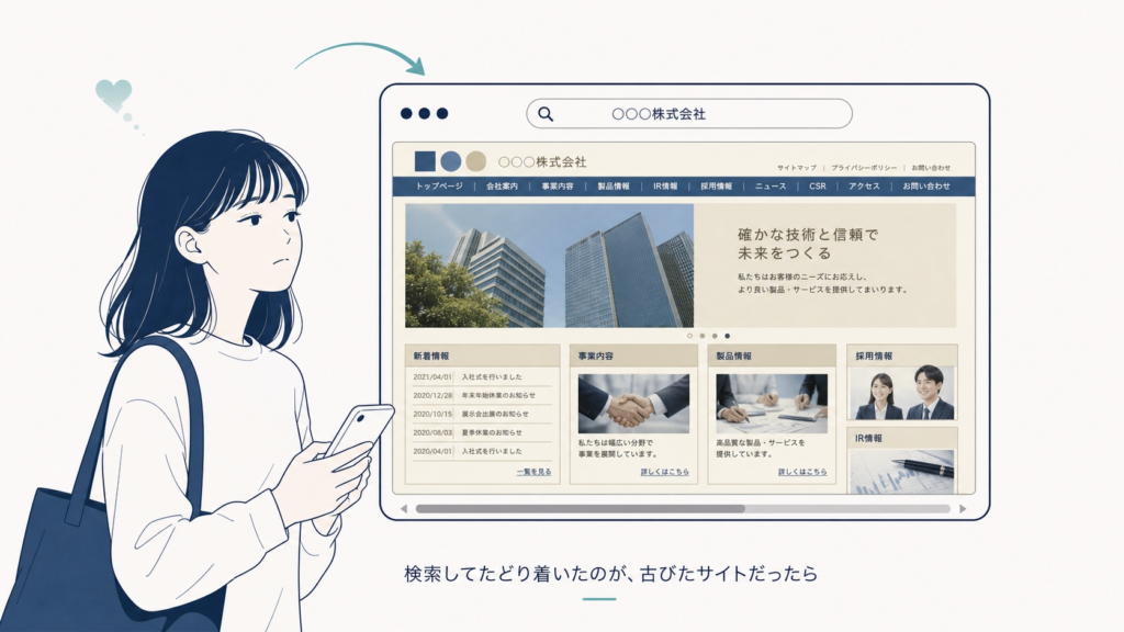 スカウトを受け取った学生が社名を検索し、古びた採用サイトにたどり着いて興味を失う様子。スカウトの文面だけでなく開封後に見られる採用サイトの印象が承認率を左右することを表す