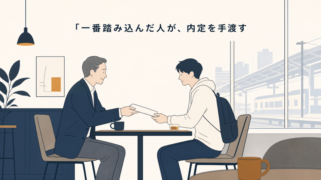採用担当者が学生の地元で一対一で内定を手渡している場面のイラスト
