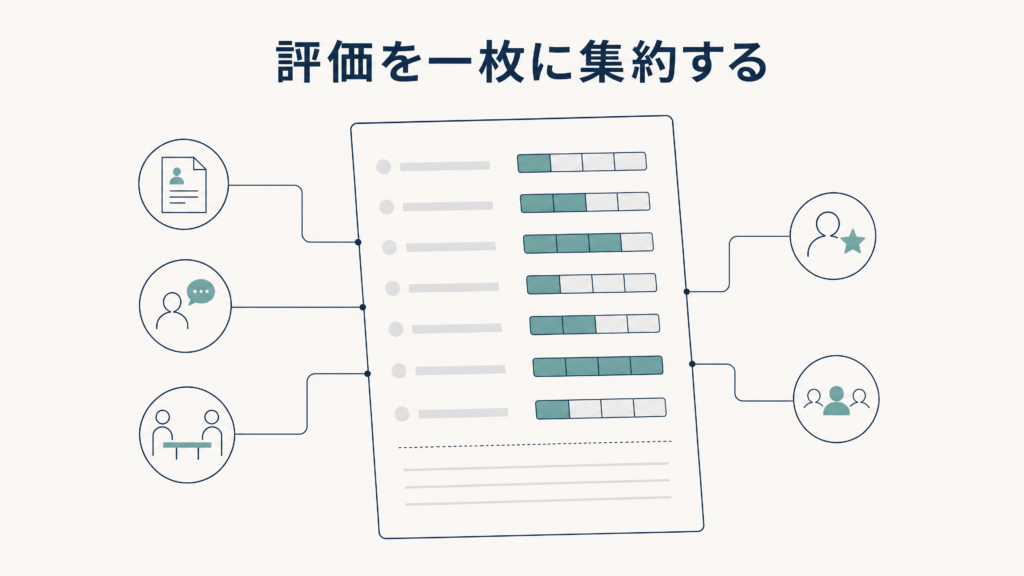 選考の全ステップの評価を一枚に集約した共通評価シートのイメージ図
