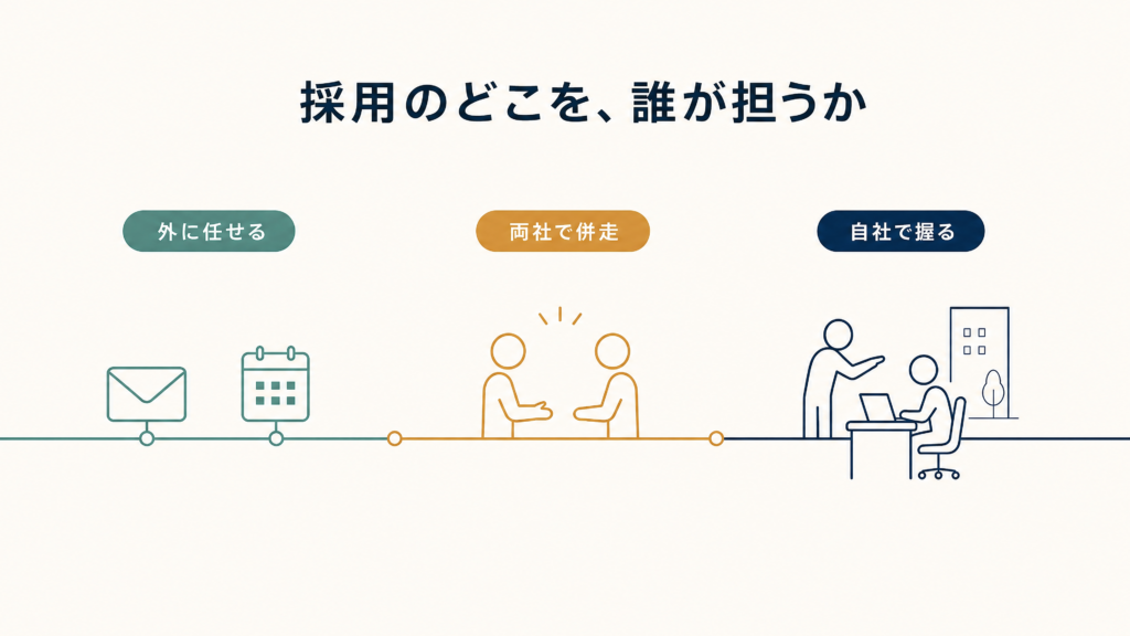 採用業務を外に任せる領域、自社で握る領域、両社で併走する領域の3つに分けたベン図
