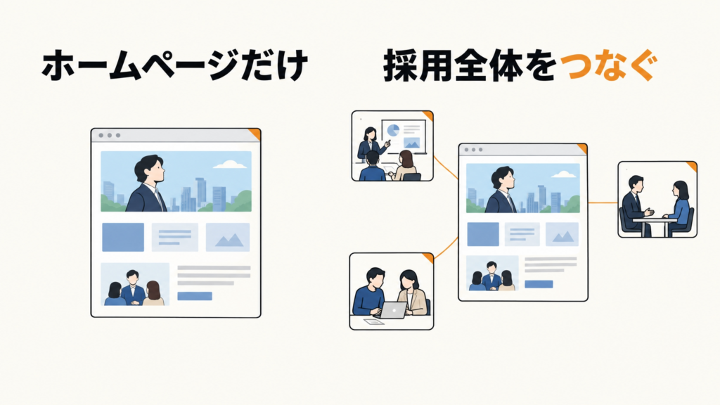採用ホームページだけを新しくする状態と、説明会、仕事体験、面接まで内容をつなぐ状態の比較