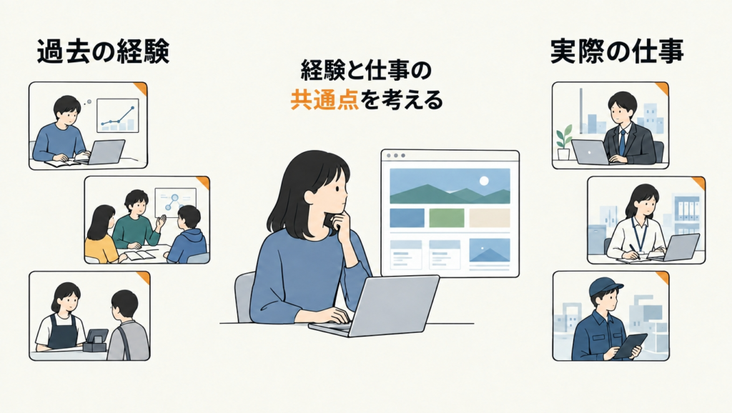 学生が研究・集団活動・アルバイトの経験と、採用ホームページに掲載された実際の仕事との共通点を考える様子